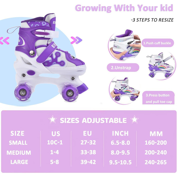 Роликові ковзани ERAN для дітей та дорослих, регульовані, світлодіодні, комфортні, ідеальні для початківців та подарунок на свята, фіолетовий колір
