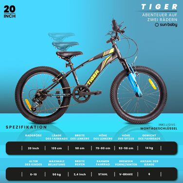Дитячий велосипед Sun Baby Tiger Bike 20 дюймів, 6-швидкісна Shimano, для хлопчиків 6-10 років, регульований