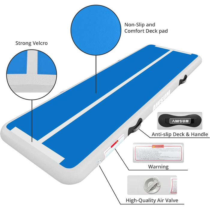 AWSUM Гімнастичний надувний мат для тренувань, фітнесу та акробатики, 3х1 метр, блакитно-білий, з насосом та сумкою