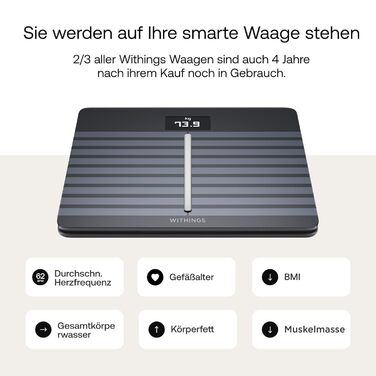 Розумні ваги Withings Body Cardio Wi-Fi, чорні – аналіз складу тіла, серцевий ритм, судинний вік, ІМТ, м'язова маса, жир, вода