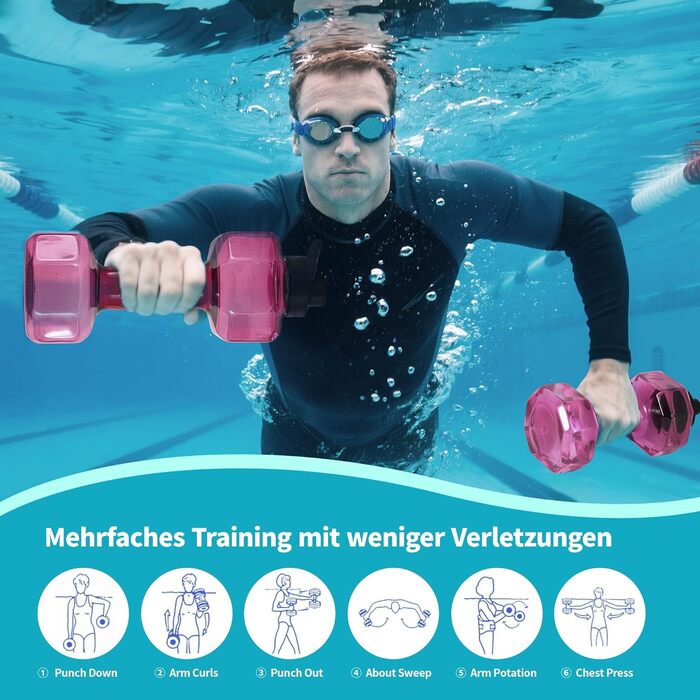 Водні ваги Fstcrt для плавання, покращені PE-гантелі, опір у воді, обладнання для аквааеробіки з неслизькою ручкою для акватерапії, фітнесу в басейні, водних вправ (рожевий)