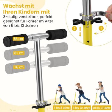 Дитячий роликовий самокат COSTWAY з LED-колесами, регульована висота, для дітей від 4 років, до 70 кг, жовтий