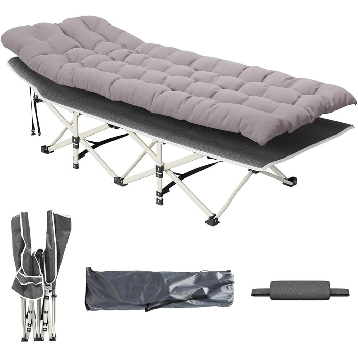 Розкладне ліжко-крісло для кемпінгу з матрацом, 176x64x37 см. Макс. вантажопідйомність 250 кг, з сумкою для перенесення. Підходить для відпочинку на природі, в саду, на пляжі та в подорожах.