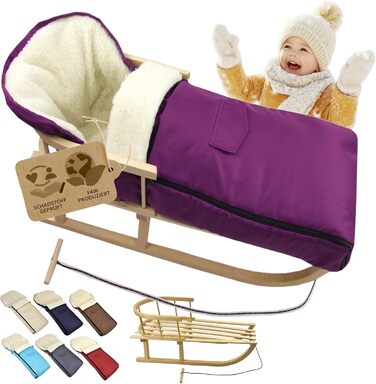 Дерев'яні санчата BambiniWelt з підніжкою та буксирувальним тросом + зимовий чохол для ніг 108 см – тепла вовна, водовідштовхувальний матеріал – комбінований набір для дитячої коляски та візка (вишня)