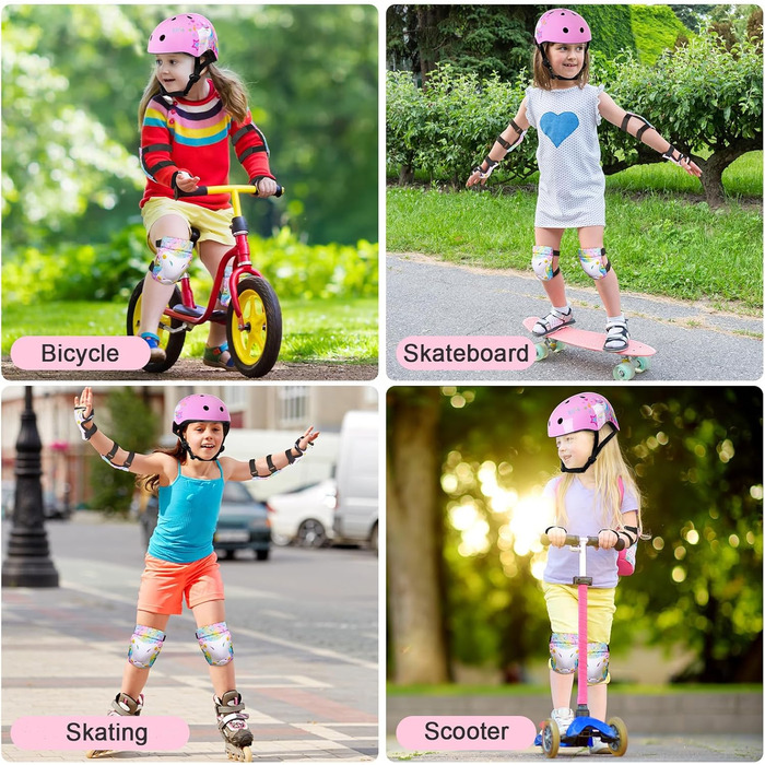 Дитячий шолом Unicorn Castle 7-в-1 з наколінниками, налокітниками та захистом зап'ястків для скейтборду, роликів, велосипеда (рожевий), 3-8 років