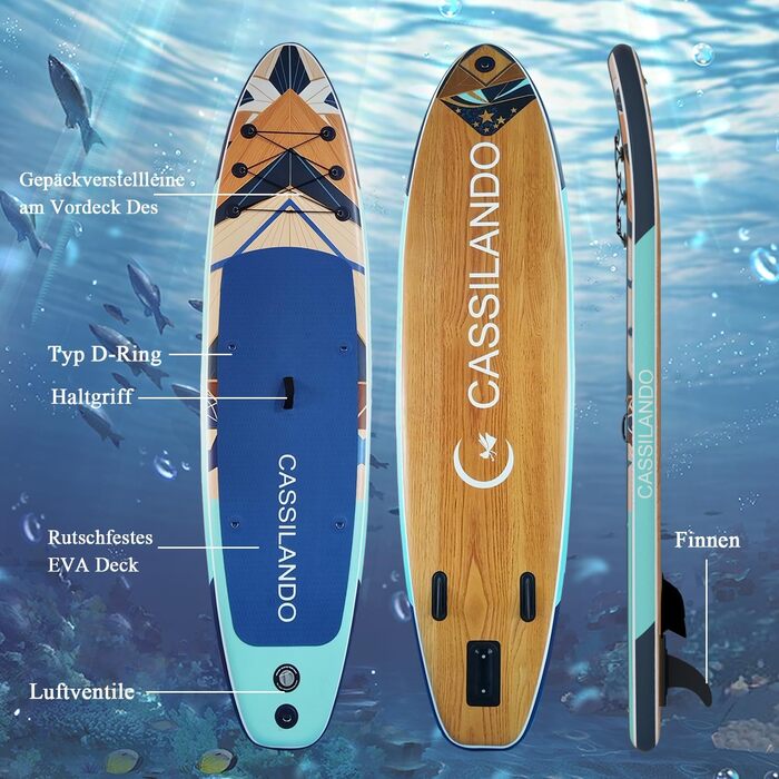 Надувний SUP дошка CASSILANDO Stand Up Paddle Board 335 см з аксесуарами та сумкою для перенесення, для йоги, риболовлі, серфінгу, підходить для дорослих та підлітків, з імітацією текстури дерева, колір м'ятно-зелений