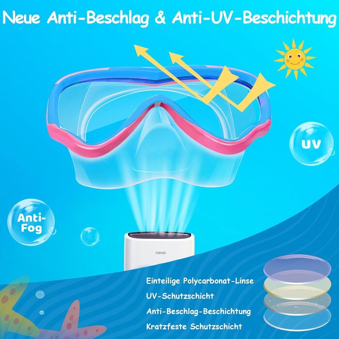 Дитячі маски для снорклінгу Vvinca з тканинним ремінцем, 180° панорама, анти-витік, для дітей 3-13 років (хлопчики та дівчатка), блакитний та рожевий кольори