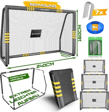 Ворота для футболу KESSER® для саду: міцні, для тренувань на вулиці, з UV-стійкою сіткою, сталевий каркас з покриттям, земляні кілки, насос, фішки, аксесуари для монтажу (240см, антрацит)