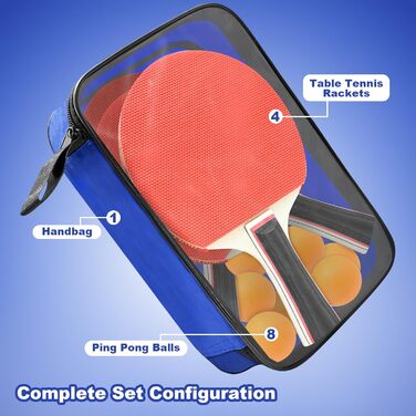 Набір для настільного тенісу: 4 ракетки, 8 м'ячів, сумка. Підходить для початківців, сімей та професіоналів. Ідеально для гри в приміщенні та на вулиці.