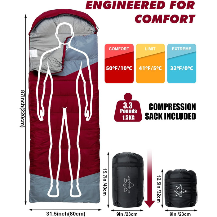 Спальні мішки для дорослих та дітей – для холодної та теплої погоди. Водонепроникний, легкий спальний мішок для кемпінгу, піших прогулянок та трекінгу (з компресійним мішком). Підходить для 3-4 сезонів, 10-20°C, 1.5KG – Чорний (10-20°C, 1.5KG-Вишневий)