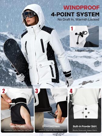 Водонепроникна зимова куртка FREE SODIER для жінок з флісовою підкладкою та капюшоном. Велика жіноча куртка з водонепроникним покриттям, зварні шви, Ginger Yeow (XXL, білий, чорний)