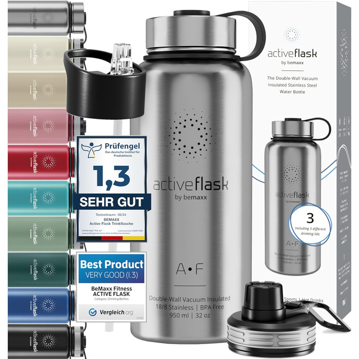 Термос пляшка з нержавіючої сталі ACTIVE FLASK 950 мл із соломинкою, 3 кришки, BPA-free, герметична, для газованих напоїв, велосипедна термобутилка для води, спорту, дітей, чаю