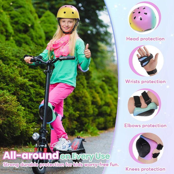 Набір Kinderhel 7-в-1: наколінники, налокітники, захист зап'ястя та шлем для скейтбордингу, велосипеда, самокату (S, жовто-рожево-зелений)