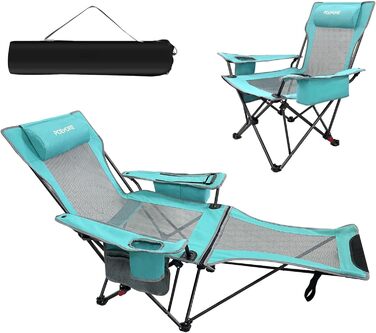 Крісло для кемпінгу Poeopore складне з підставкою для ніг, 4-х секційне, для відпочинку на пляжі та риболовлі, витримує до 120 кг, з кишенькою-холодильником, подушкою та тримачем для напоїв, блакитне