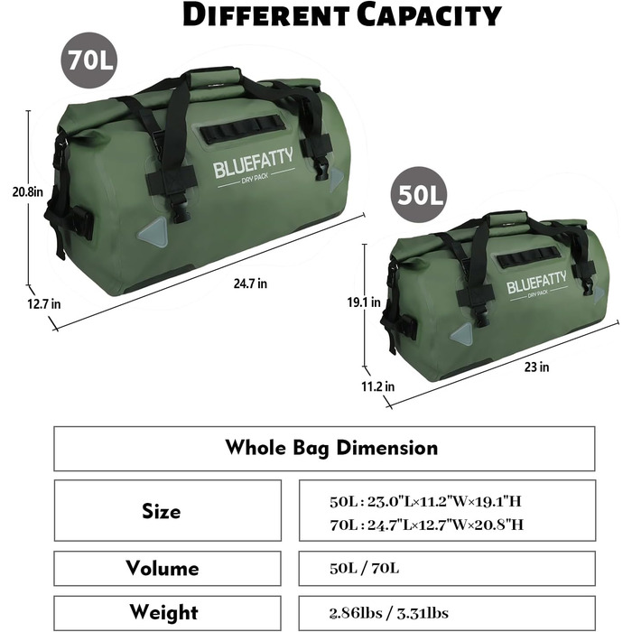 Водонепроникна сумка-мішок BlueFATTY 70 л, Army Green (Озеленений) для мотоциклів, SUP, каяків, подорожей