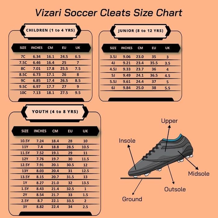Футбольні бутси Vizari для жорсткого поля – Легкі та міцні бутси з гумовими шипами для хлопчиків та дівчаток | FG бутси для гри на траві, Зелений Оранжевий (37 EU, Оранжевий Срібний)