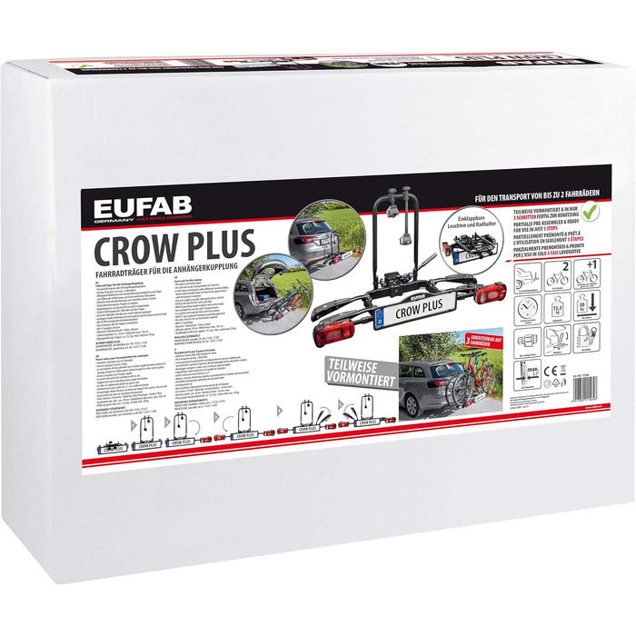 Велосипедний багажник EUFAB CROW BASIC для 2 велосипедів (E-bike), на фаркоп, частково зібраний, чорний
