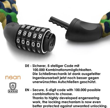 Надійне велозамкне Nean з кодовим замком та високим рівнем захисту, стале ланцюгове замкне, 6 мм x 900 мм (Камуфляж)
