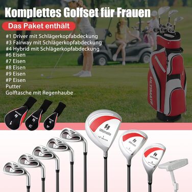 GYMAX Комплект жіночих гольф-клубів, 9-ти частинний, для правші. Включає 3 дерев'яні клюки (#1, 3, 4), 5 залізових (#6, 7, 8, 9, PW) та 1 паттер. З сумкою-підставкою та дощовим захистом, червоний колір.