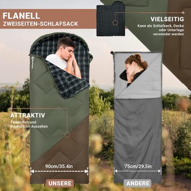 Сплячий мішок KingCamp Flannel для дорослих, 3-4 сезони, ультралегкий, бавовна, теплий, ковдровий, водонепроникний, для кемпінгу (зелений/коричневий, L, блискавка)