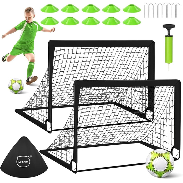 Ворота для футболу Miaoke 2 шт. для дітей, Outdoor, з сумкою та м'ячем, 10 конусів, 1.2 x 0.9 м – чорний, Oxford-Tkanina