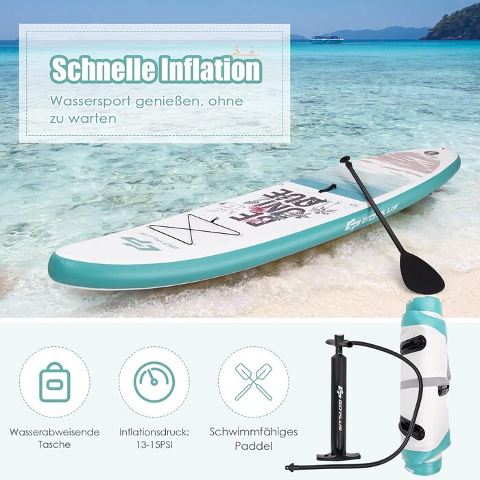 Надувна SUP-дошка COSTWAY 320×76×15 см, комплект: рюкзак, насос, весло, страховка, банджі, ремкомплект, до 150 кг, бірюзова, без сидіння