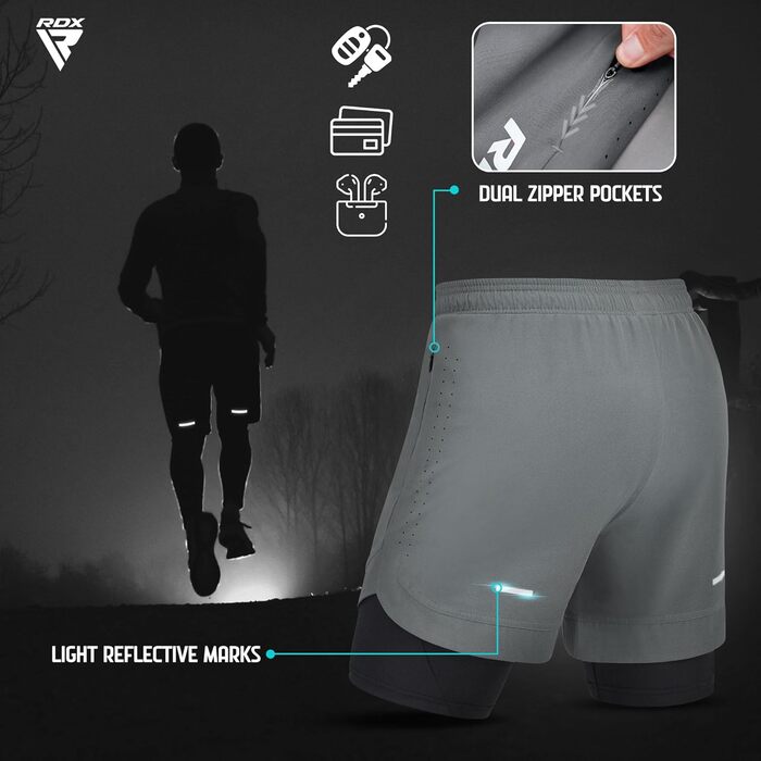 Шорти чоловічі RDX 2-в-1 для бігу та тренувань, компресійні, з кишенями на блискавках (Сірий, XL)