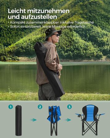 Крісло для кемпінгу SONGMICS, складане, з м'яким сидінням, 250 кг, блакитне та чорне