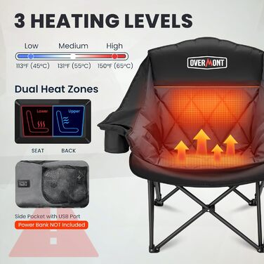 Овермонт: Обігрівальний XL стілець для кемпінгу, дорослий – складаний стілець, ідеальний для зимових походів, кемпінгу та риболовлі (Чорно-сірий)