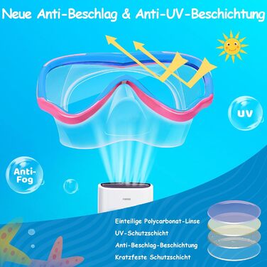 Дитячі маски для снорклінгу Vvinca з тканинним ремінцем, 180° панорама, анти-витік, для дітей 3-13 років (хлопчики та дівчатка), блакитний та рожевий кольори