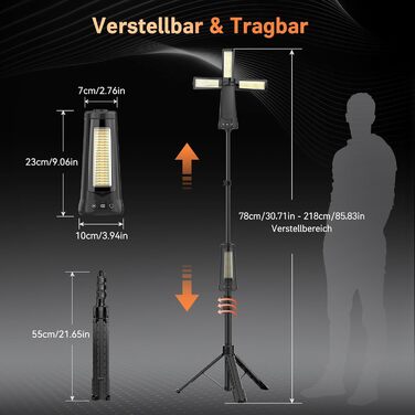 Портативна LED кемпінгова лампа на акумуляторі 15000mAh з телескопічним штативом, 5500LM, IP65, вологостійка, для кемпінгу, подорожей, будівництва та надзвичайних ситуацій (чорна)