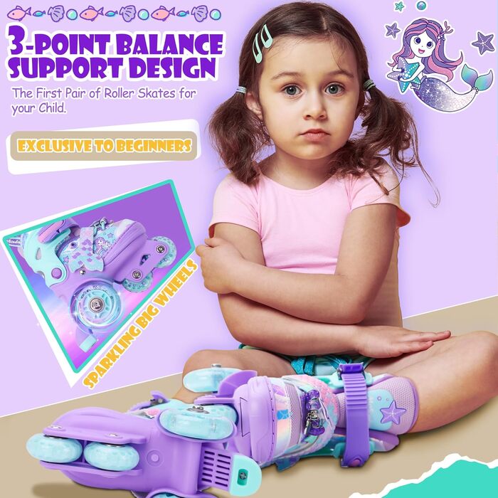 Дитячі ролики Meerjungfrau для дівчаток, 4 розміри, регульовані, з підсвічуванням, 3 колеса, фіолетовий