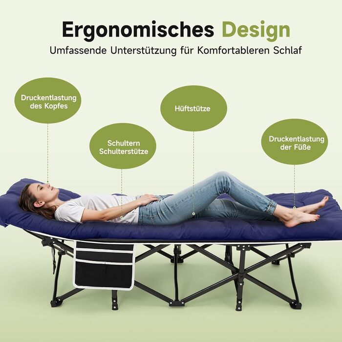 Розкладне ліжко Warmiehomy XXL з матрацом для дорослих, гостьове ліжко, широке та міцне, для кемпінгу, відпочинку, офісу, саду, сіре (блакитне), з матрацом