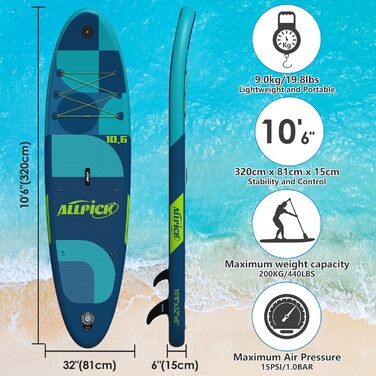 ALLPICK Преміум SUP-набір 320 см – надувна дошка для веслування стоячи з універсальним кріпленням для камери, повний комплект аксесуарів, для дітей і дорослих, для початківців і досвідчених, до 150/180 кг
