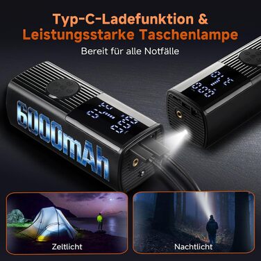 Портативний електричний компресор GEAREVER 6000mAh, 150 PSI, 12V, з LED-ліхтарем та USB Powerbank для авто, велосипедів, мотоциклів і м'ячів