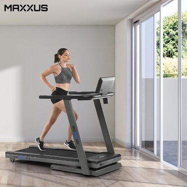 Бігова доріжка MAXXUS RunMaxx 5.0, електрична, 5 к.с., до 18 км/год, 36 програм, 16 рівнів нахилу, LCD-дисплей, зона бігу 140x49 см, пульсометр, тримач для планшета, складана, для дому