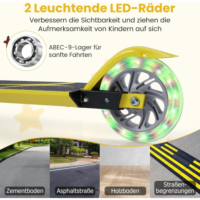 Дитячий роликовий самокат COSTWAY з LED-колесами, регульована висота, для дітей від 4 років, до 70 кг, жовтий