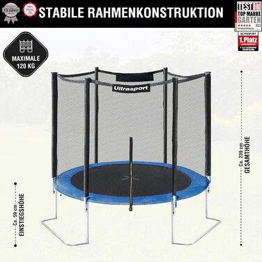 Трамплін Ultrasport SICHERSTE для дітей на відкритому повітрі Ø180-430 см, до 150 кг, з мережею безпеки та аксесуарами. Безпечний та тихий, блакитний.