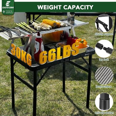 Складаний туристичний стіл EASTSTORM 60x40 см з металевою сіткою, 2 рівні висоти, для кемпінгу, саду, грилю (Чорний)