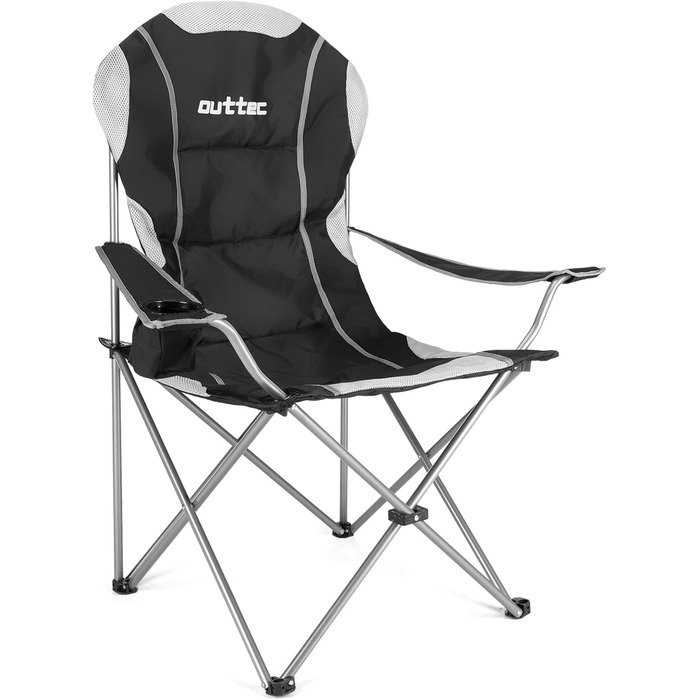 Зручний складаний стілець для кемпінгу Outtec: 130 кг, висока спинка, підсклянник, сумка, зелений (чорний)