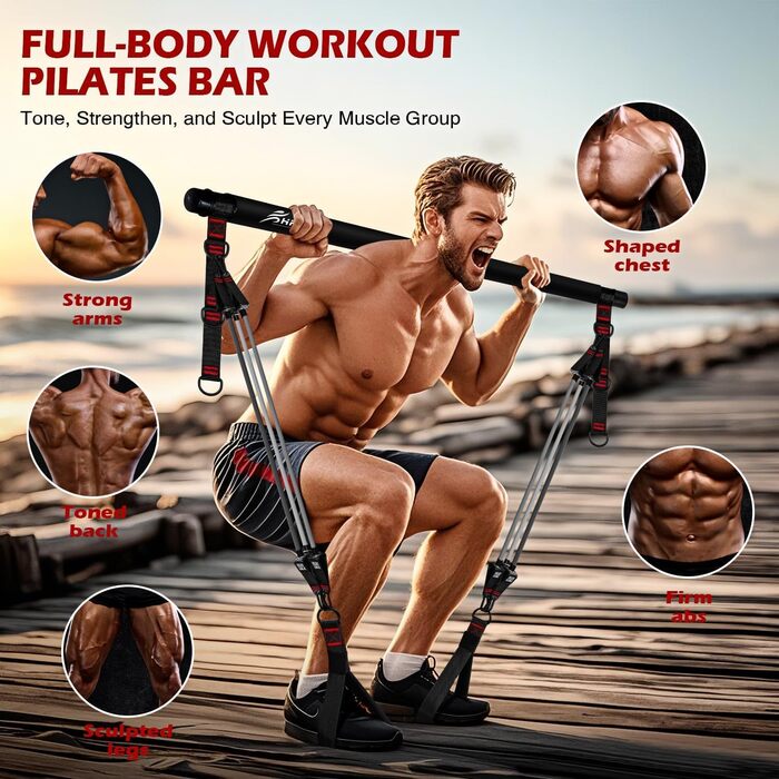 Набір для пілатесу HPYGN з 4 еластичними стрічками, регульоване обладнання для пілатесу для жінок та чоловіків, багатофункціональний набір для фітнесу, стрічки для стегон, ніг, рук, домашній спортзал, йога, силові тренування, розтяжка (чорний)