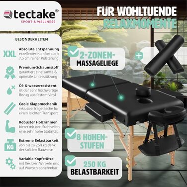 Складний масажний стіл tectake 2-секційний, 7,5 см, мобільний, з підголівником, підлокітниками, дерев'яними ніжками, 2 роликами та чохлом, чорний