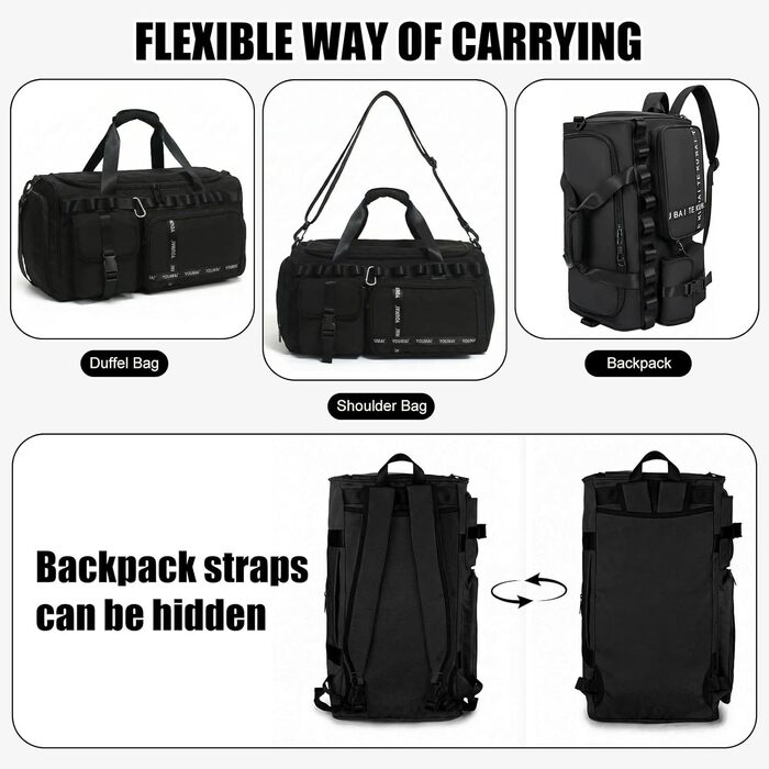 Спортивна сумка для подорожей 65Л для жінок та чоловіків, містка дорожня сумка з відділенням для взуття та вологих речей, сумка для залу та плавання (Чорна)