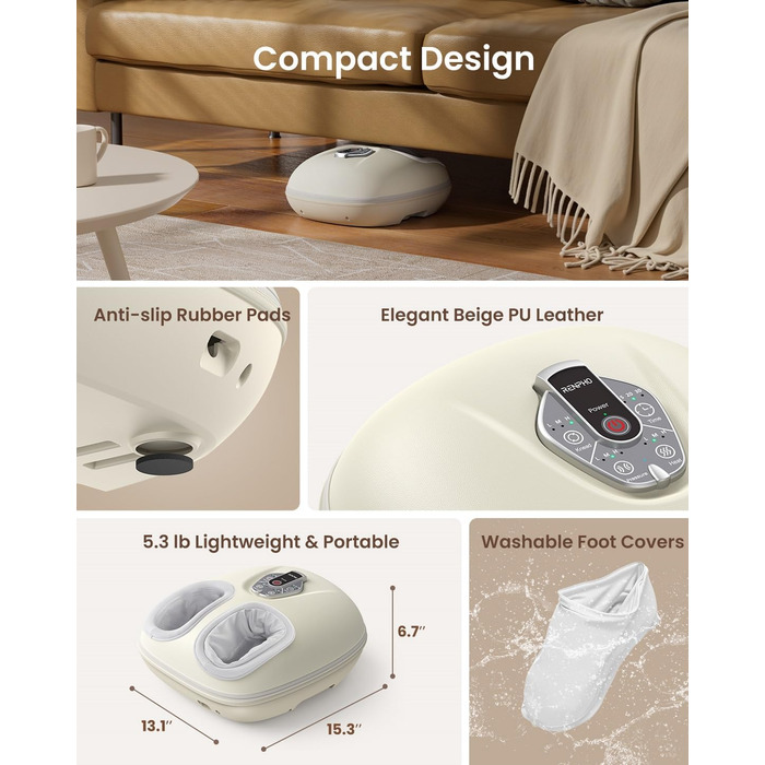 Масажер для ніг RENPHO з підігрівом, Shiatsu масажер для ніг при п'яткової фасції, подарунок на Різдво для жінок та чоловіків, бездротове керування, голосове керування (Новинка), Бежевий