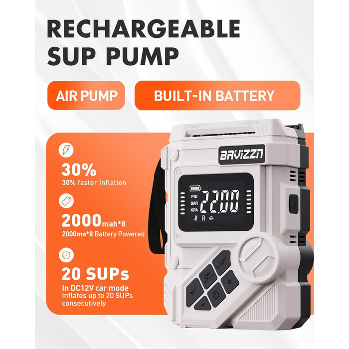 Акумуляторний електричний насос 22PSI 12V для SUP-борда, човнів та каяків, з USB Type-C, функцією надування та випускання повітря, 7 насадок, сірий