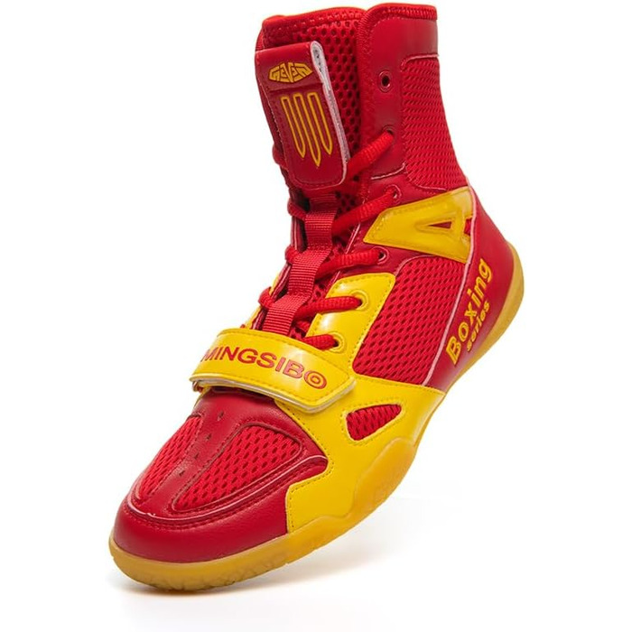 Боксерські черевики для чоловіків та жінок, дитячі, для індоор-фітнесу, бойові черевики, антиковзкі та дихаючі хай-топ бойові черевики, 40 EU, червоний, жовтий