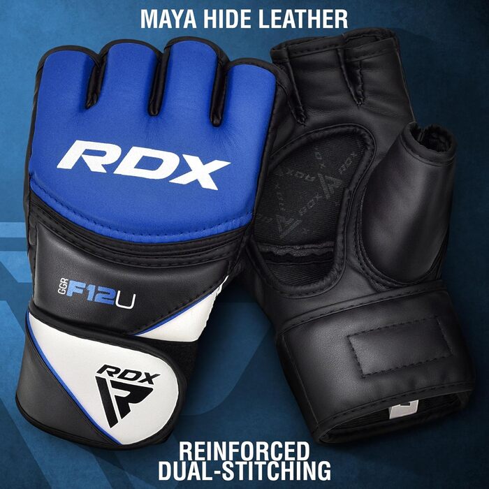 RDX рукавички для MMA з майя-шкіри, сині, розмір L – для боїв, єдиноборств, спарингу, тренувань, греплінгу