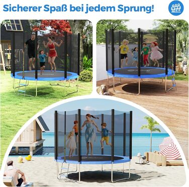 Трамплін Sekey Outdoor 244/305/366 см - сертифікований TÜV Rheinland GS, дитячий, для саду з безпечною драбиною, посиленим захисним сіткою та захисним бордюром (Блакитний, 366 см/12 футів)