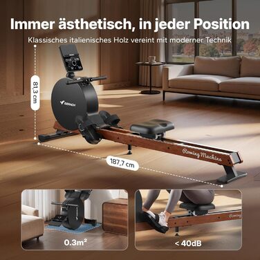 Гребний тренажер MERACH для дому з магнітним опором 60 кг, автоматичною регулюванням, LED-дисплеєм та подвійними дерев'яними рейками (R21)