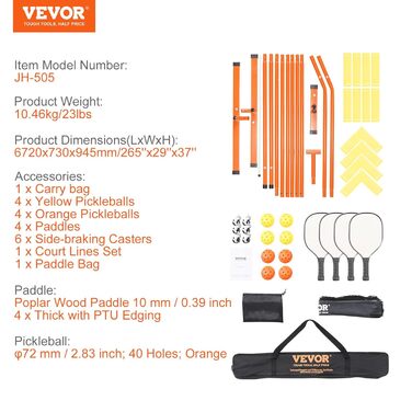Набір для піклболу VEVOR: портативна система, сітка, м'ячі, ракетки, лінії поля та аксесуари (6,7 м, вологостійкий)